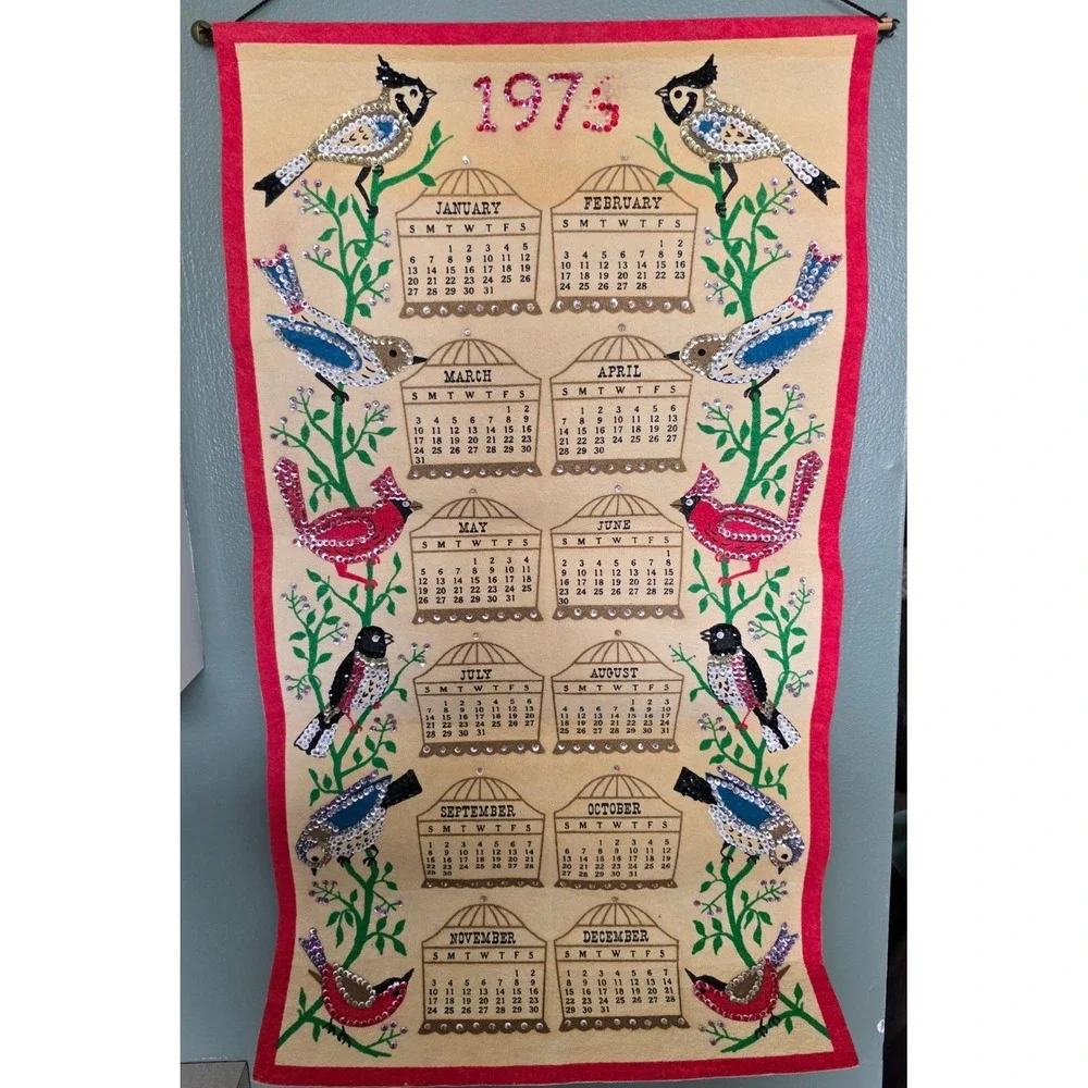 Vintage 1974 Calendar Wall Hanging 30x16.5 Tan Sequin Bird Retro Kitschy Retro